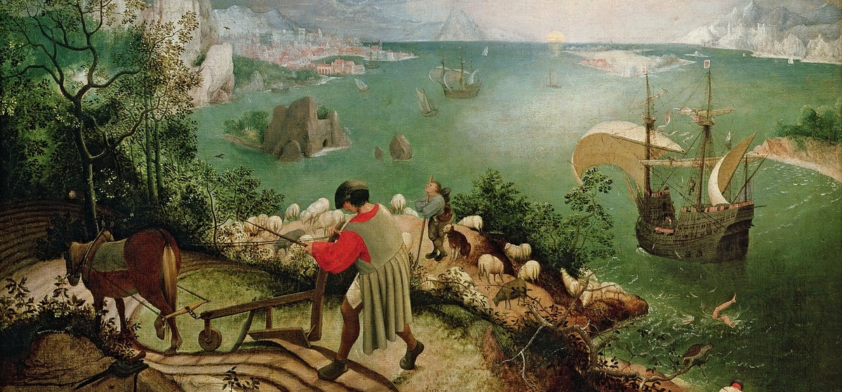 Pieter Bruegel el Viejo (atribuida), Paisaje con la caída de Ícaro, c. 1560