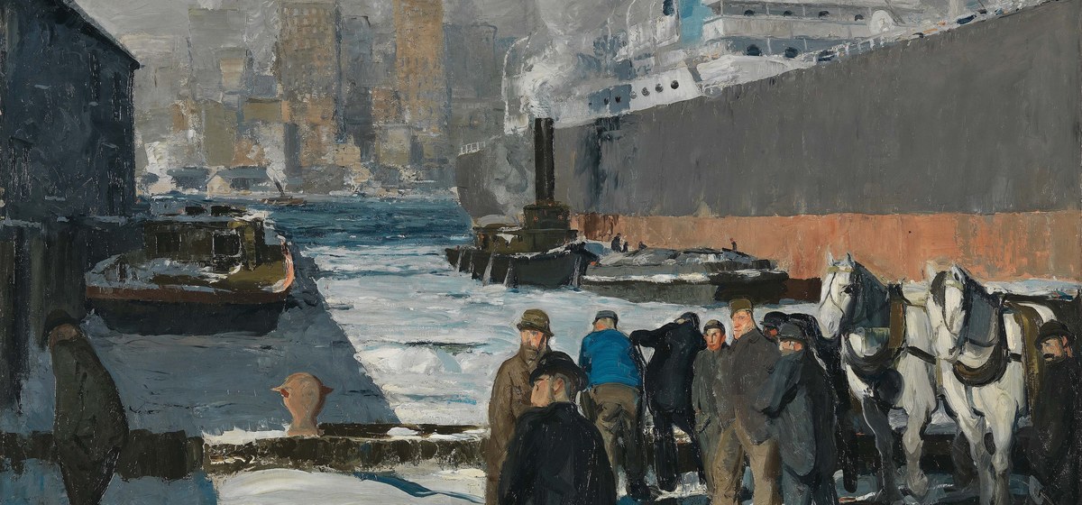 Estibadores de espaldas en un muelle de Brooklyn frente a un barco, óleo de George Bellows, 1912