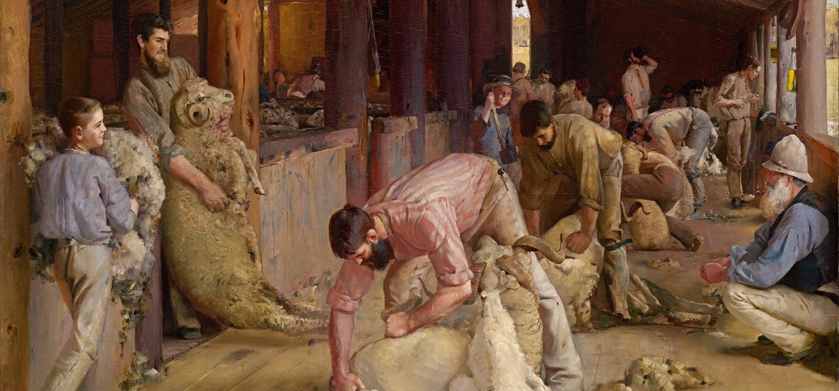Esquiladores trabajando la lana de los carneros en un galpón de madera, óleo de Tom Roberts, 1890
