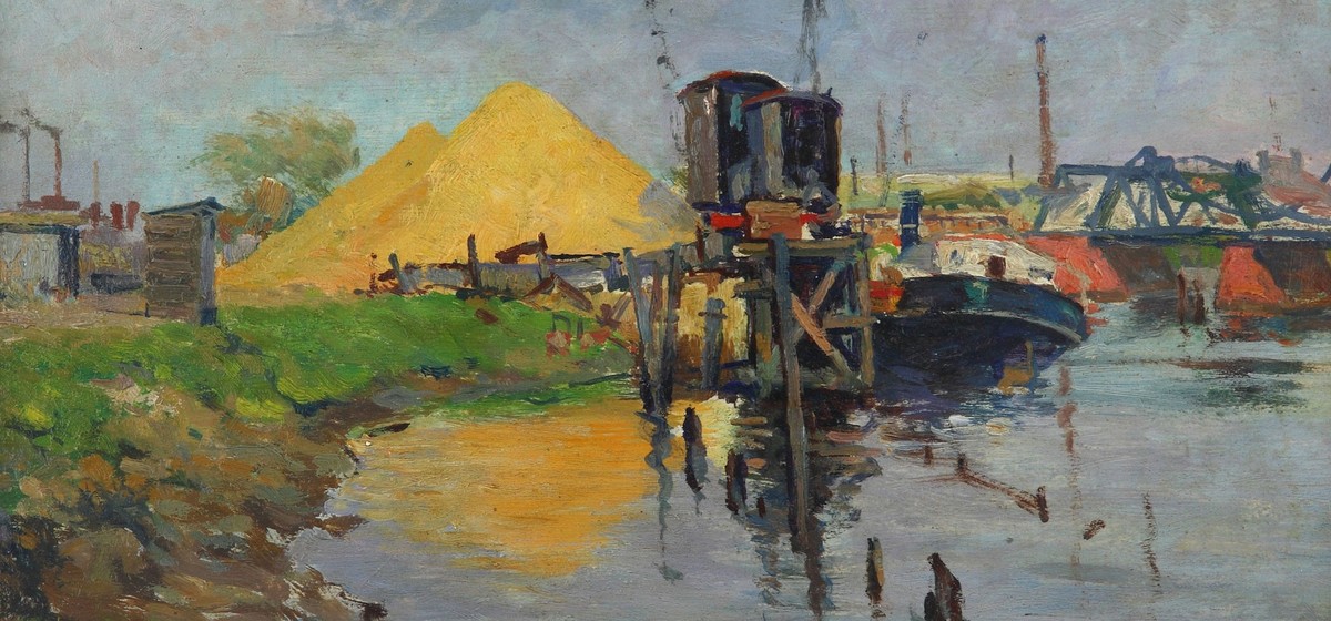 Muelle del Riachuelo con una grúa, un buque atracado y montañas de material de descarga, óleo de Alfredo Lazzari, 1940
